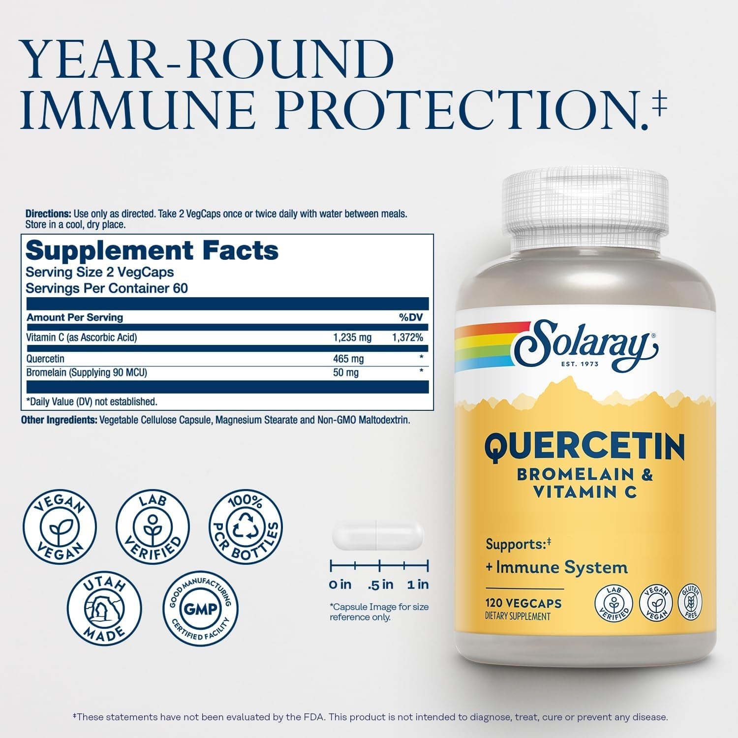 SOLARAY QBC Plex | Quercetin & Bromelain plus Vitamin C | Year round Immune Function & Respiratory Health Support | Non-Gmo & Vegan | 120 Vegcaps