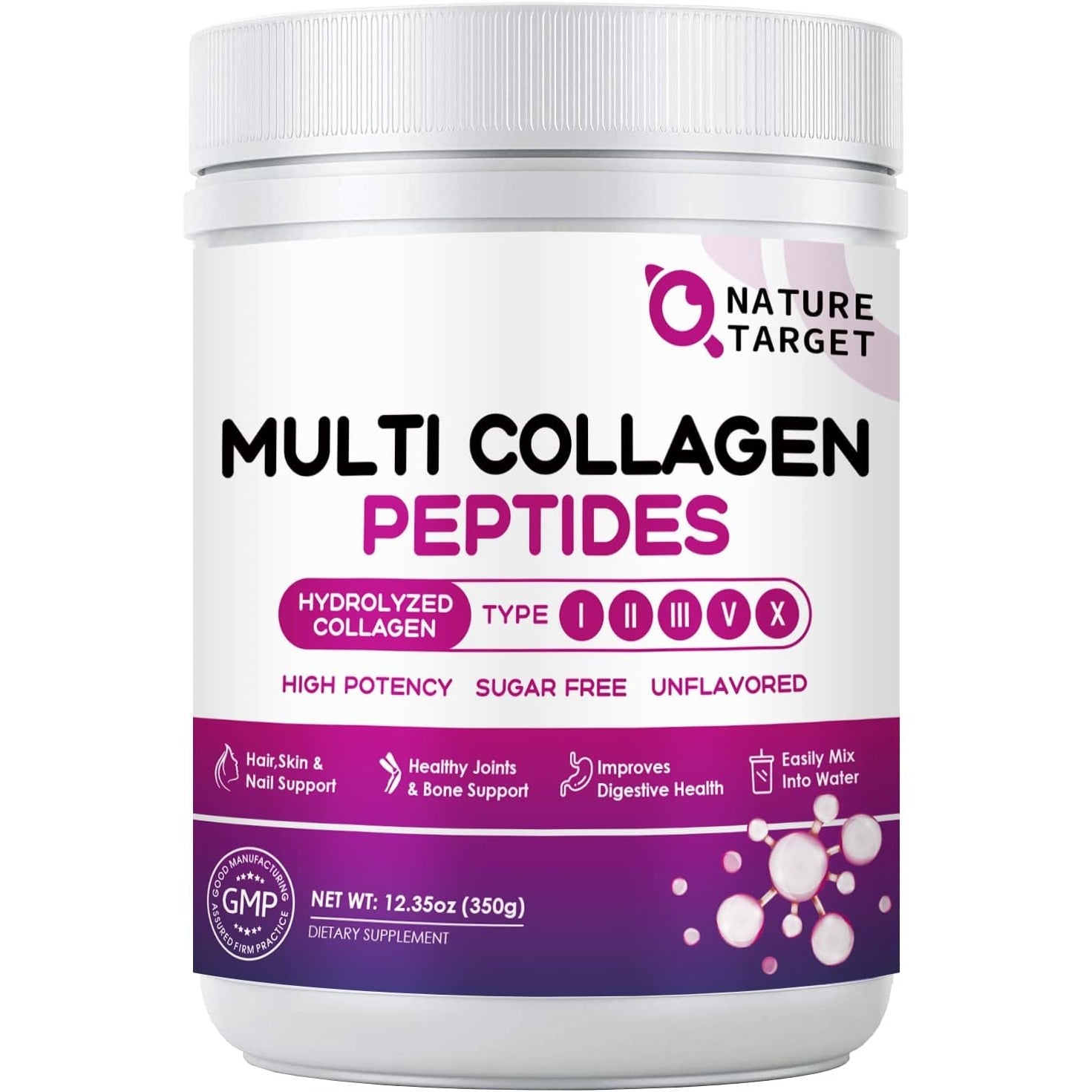 NATURE TARGET Multi Collagen Peptides Powder - Type I, II, III, V, X - Hydrolyzed Collagen Peptides with Vitamin C Hyaluronic Acid, Supports Skin Hair Nail & Joint, Grass-Fed, Non-Gmo, 35 Servings
