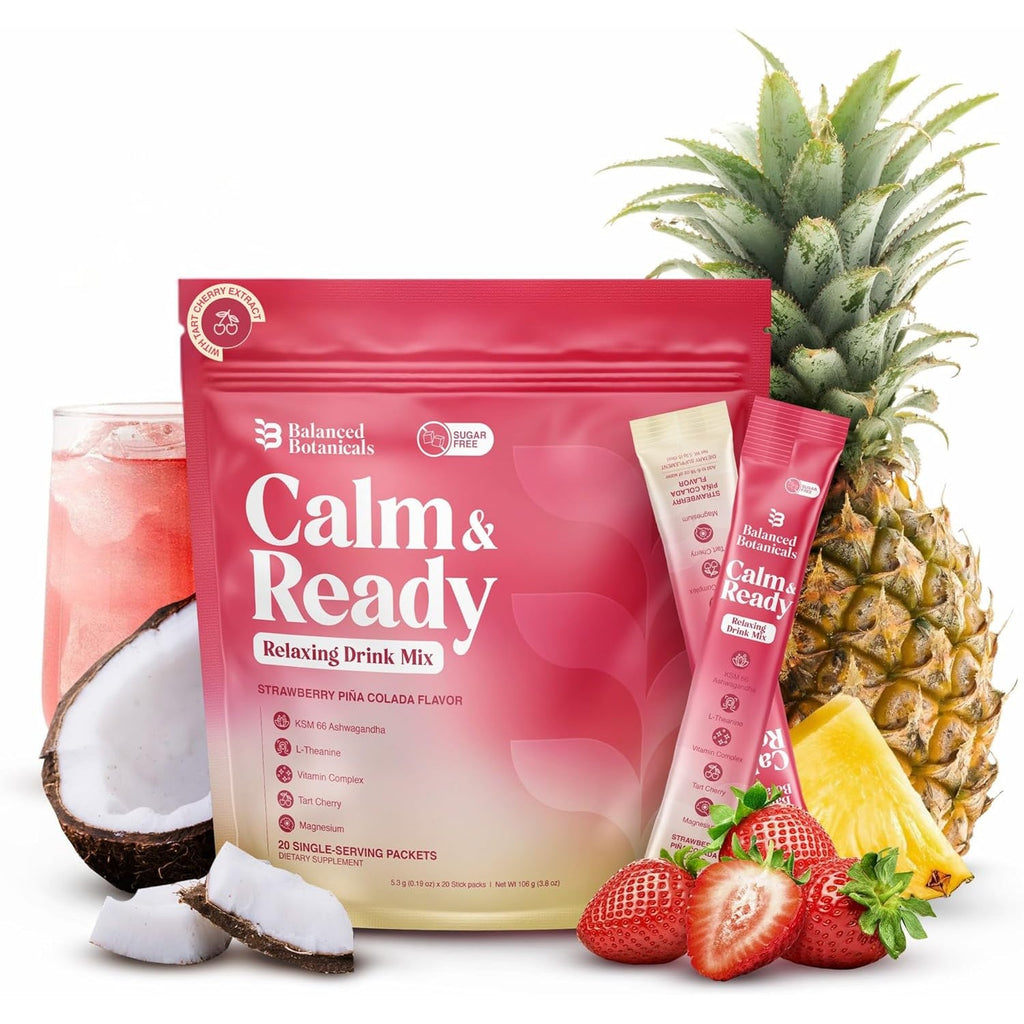 Calm and Ready Powder Mix, Cortisol Reducer* Sleep & Relaxation Aid, Magnesium Glycinate, Ashwagandha KSM-66, L-Theanine, Tart Cherry, Sugar Free, 20 Packets, Strawberry Pinacolada