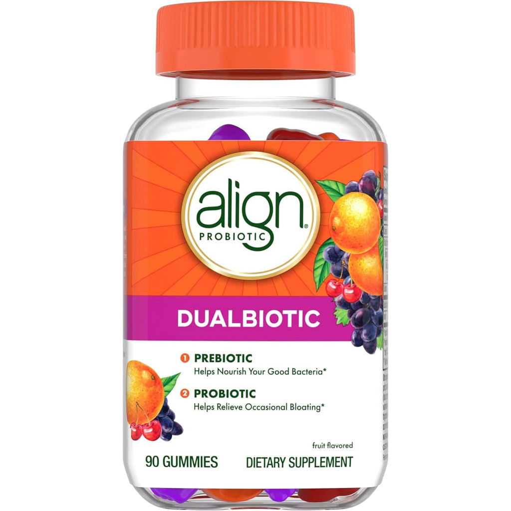 Align Dualbiotic, Prebiotics and Probiotics for Women and Men, Probiotics for Digestive Health, Prebiotics Help Nourish Good Bacteria, Natural Fruit Flavors, 90 Probiotic Gummies (Packaging May Vary)