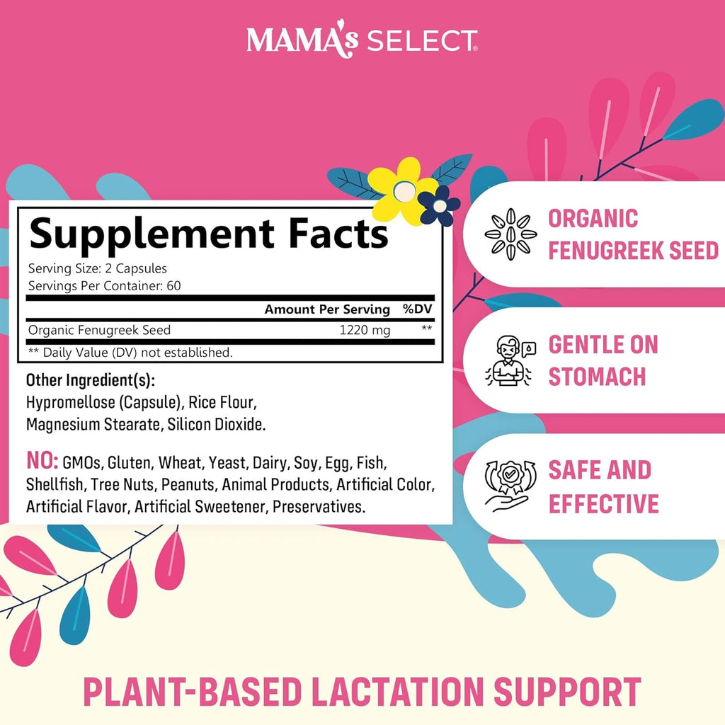 Mama'S Select Organic Fenugreek Capsules – Natural Herbal Lactation Supplement to Boost Milk Supply, Vegan Digestive Health Aid, Allergen-Free & Non-Gmo, Usa-Made for Breastfeeding Moms