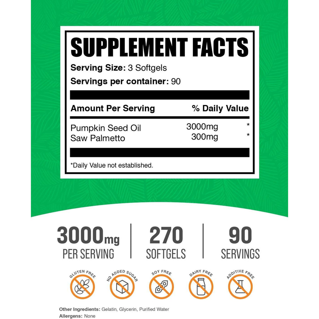 Bulksupplements.Com Pumpkin Seed Oil with Saw Palmetto Softgels - Pumpkin Seed Oil Supplement, Saw Palmetto for Men & Women - Gluten Free, 3 Softgels per Serving (3000Mg), 270 Count (Pack of 1)