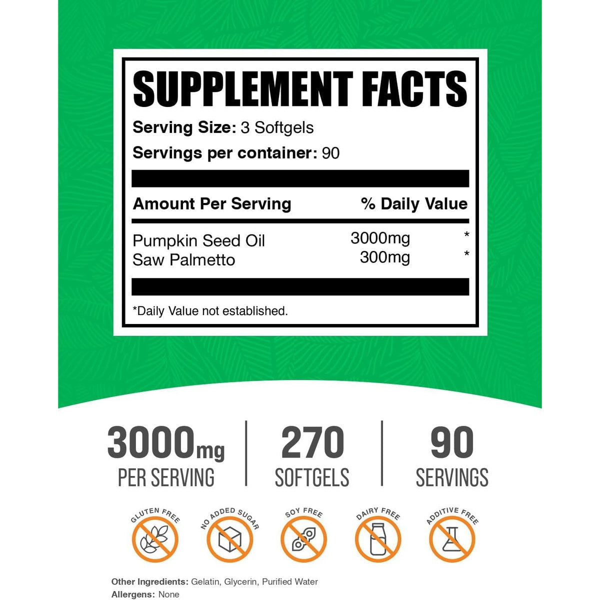 Bulksupplements.Com Pumpkin Seed Oil with Saw Palmetto Softgels - Pumpkin Seed Oil Supplement, Saw Palmetto for Men & Women - Gluten Free, 3 Softgels per Serving (3000Mg), 270 Count (Pack of 1)