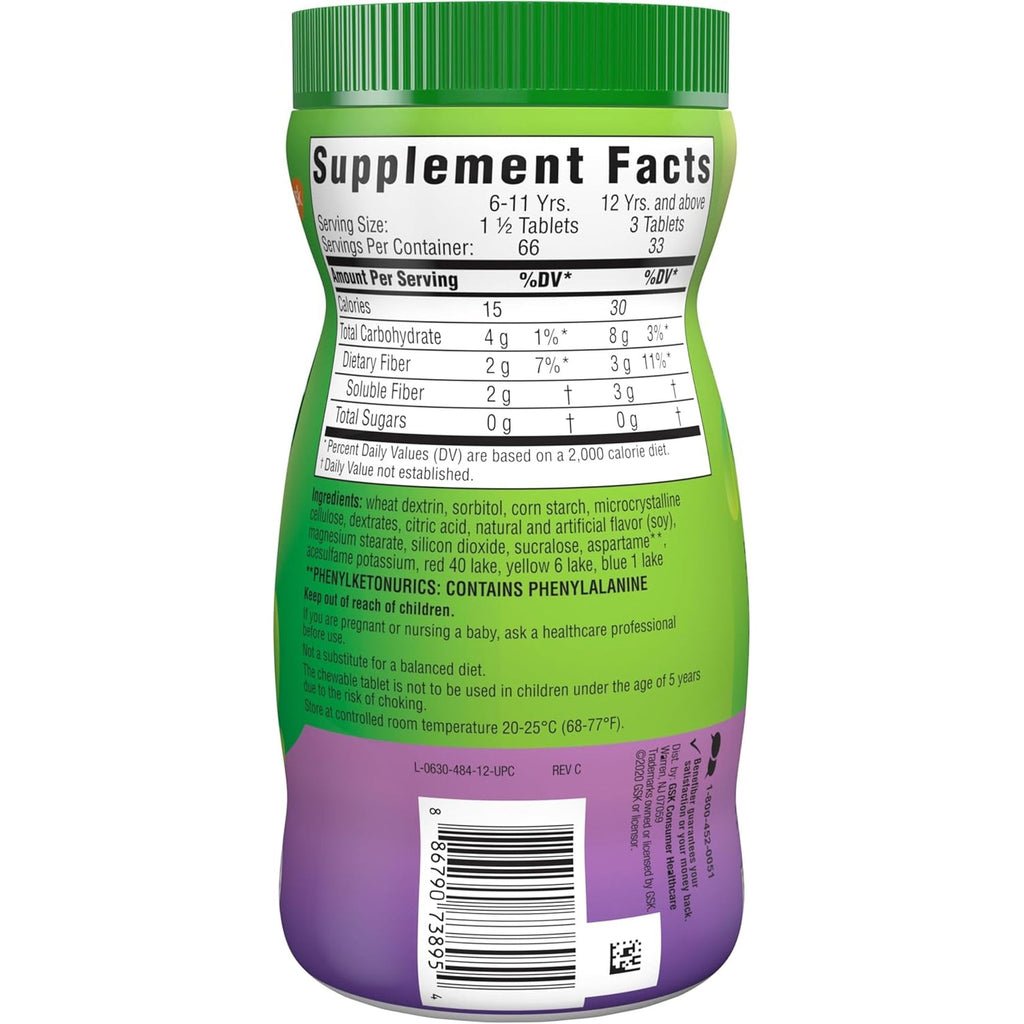 Benefiber Chewable Prebiotic GLP-1 Friendly Fiber Supplement Tablets for Digestive Health, Assorted Fruit Flavors - 100 Count