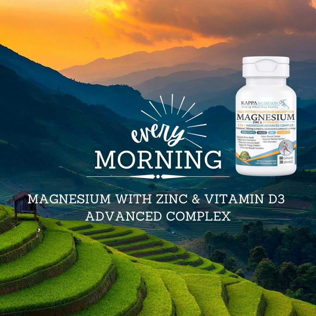 Kappa Nutrition Magnesium 4-In-1, 280Mg Elemental Magnesium (Bisglycinate, Malate) + Zinc & Vitamin D3, Brain, Sleep, Energy, Muscle, Immune Support, 60 Vegan Capsules.