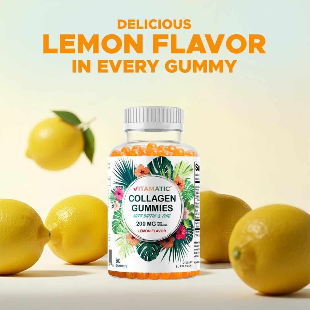 Vitamatic Hydrolyzed Collagen Gummies with Vitamin C, Zinc and Biotin, 200 Mg - Healthy Skin Support - 60 Gummies