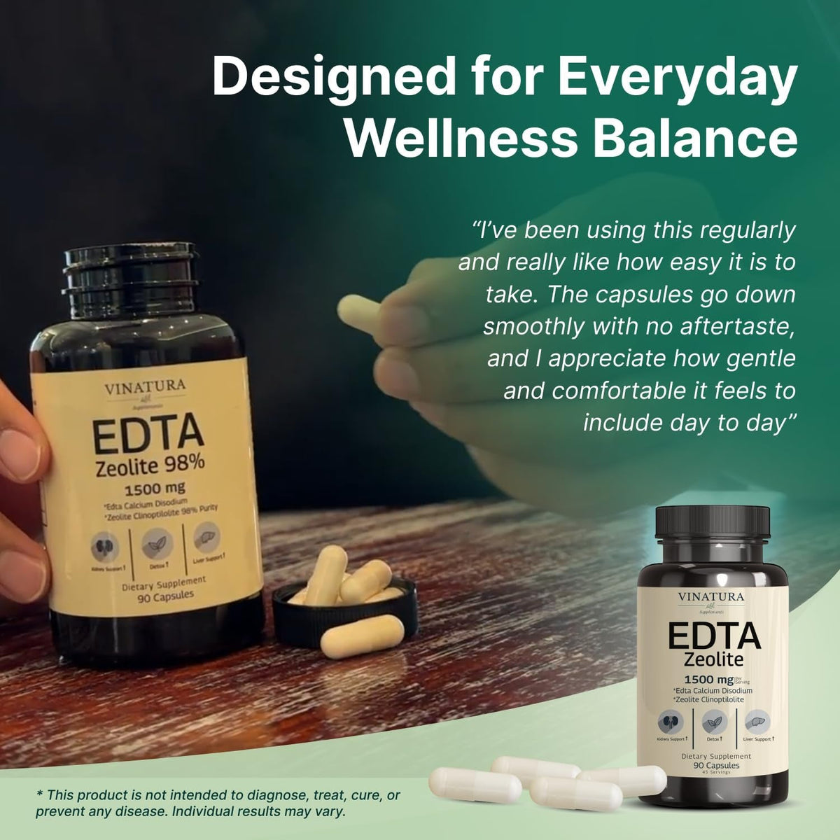 VINATURA EDTA Capsules - 1500Mg per Serv, USA Made & Tested, Liver Support - Edta Calcium Disodium, Kale Extract - 90 Capsules 45 Servings