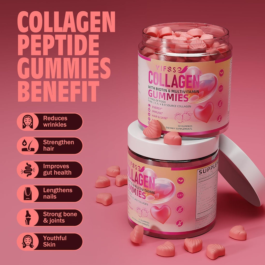 VIFSSG Collagen Peptide Gummies for Women,60 Gummies Sugar-Free Hydrolyzed, Extra Strength 2500Mg Protein Type I,II,III,V,X with 15000Mcg Biotin and Vitamin a B6 B12 C D E for Hair Skin Nail