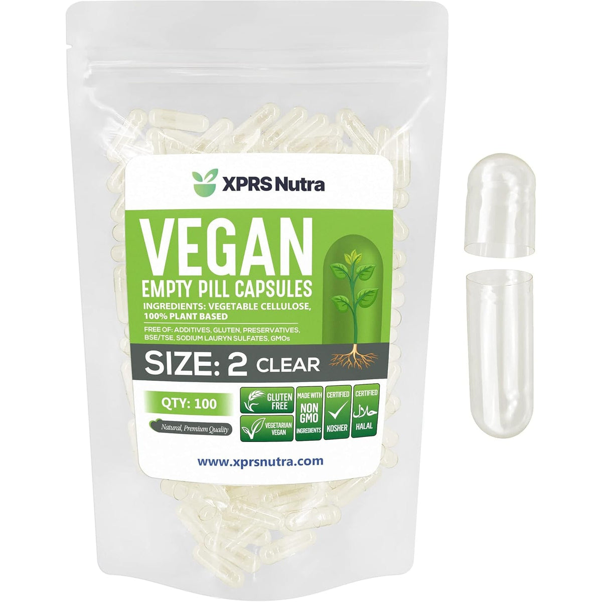 XPRS Nutra Size 2 Empty Capsules - 100 Clear Empty Vegan Capsules - Vegetarian Pill - DIY Vegetable Capsule Filling - Veggie Caps Pills for Do-It-Yourself Supplements