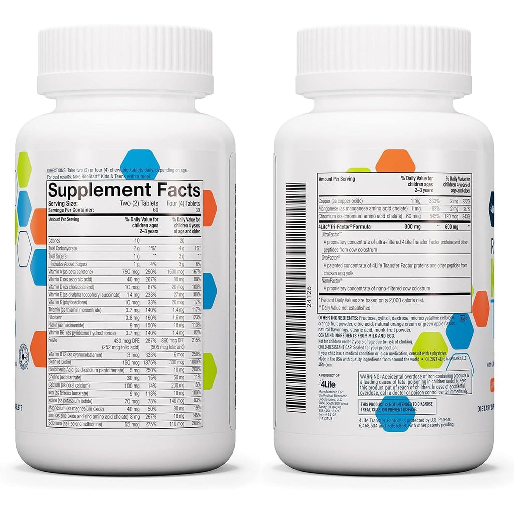 4Life Ritestart Kids and Teens- Apple, Orange Flavors, 22 Essential Vitamins, Minerals, Immune System and Brain Support Ages 2+ - 120 Chewable Tablets