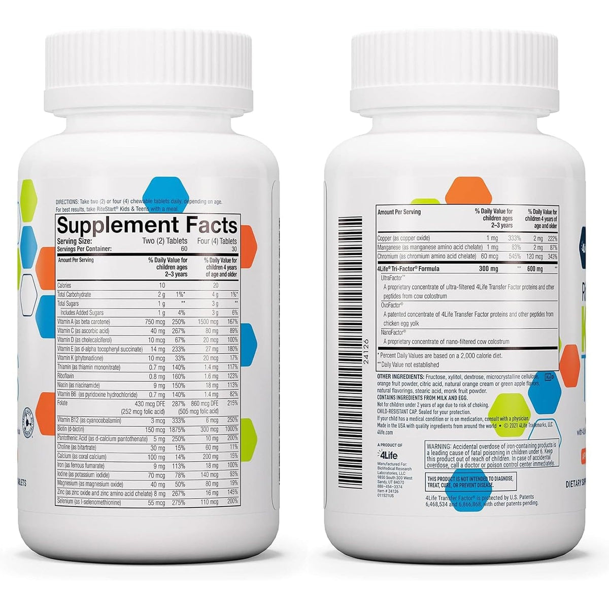 4Life Ritestart Kids and Teens- Apple, Orange Flavors, 22 Essential Vitamins, Minerals, Immune System and Brain Support Ages 2+ - 120 Chewable Tablets