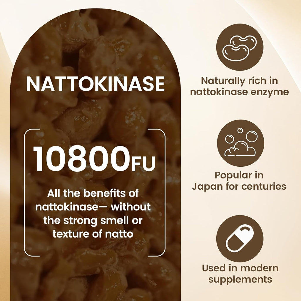 Ultimate Nattokinase Supplement with 10,800 FU of Nattokinase, Natural Support for Circulation & Cardiovascular Health, Odorless Fermented Soy Enzyme, Easy Daily Routine, 60 Capsules