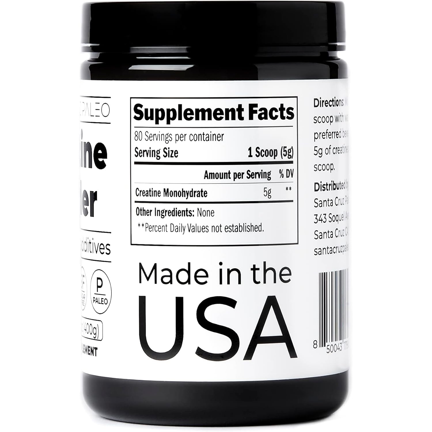 Santa Cruz Paleo, Creatine Monohydrate Powder Micronized, Unflavored Pre Workout and Muscle Support Supplement, Gluten Free Keto, Mix with Water or Shakes, No Fillers or Additives, 80 Servings, 400G