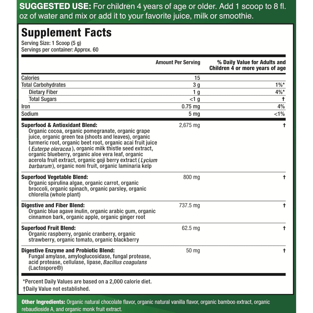 Feel Great USDA Organic Super Greens Powder for Kids - Cocao Chocolate | Fruit & Veggie Supplement | Superfood Powder with Probiotics & Digestive Enzymes for Digestive Health | 60 Days Supply
