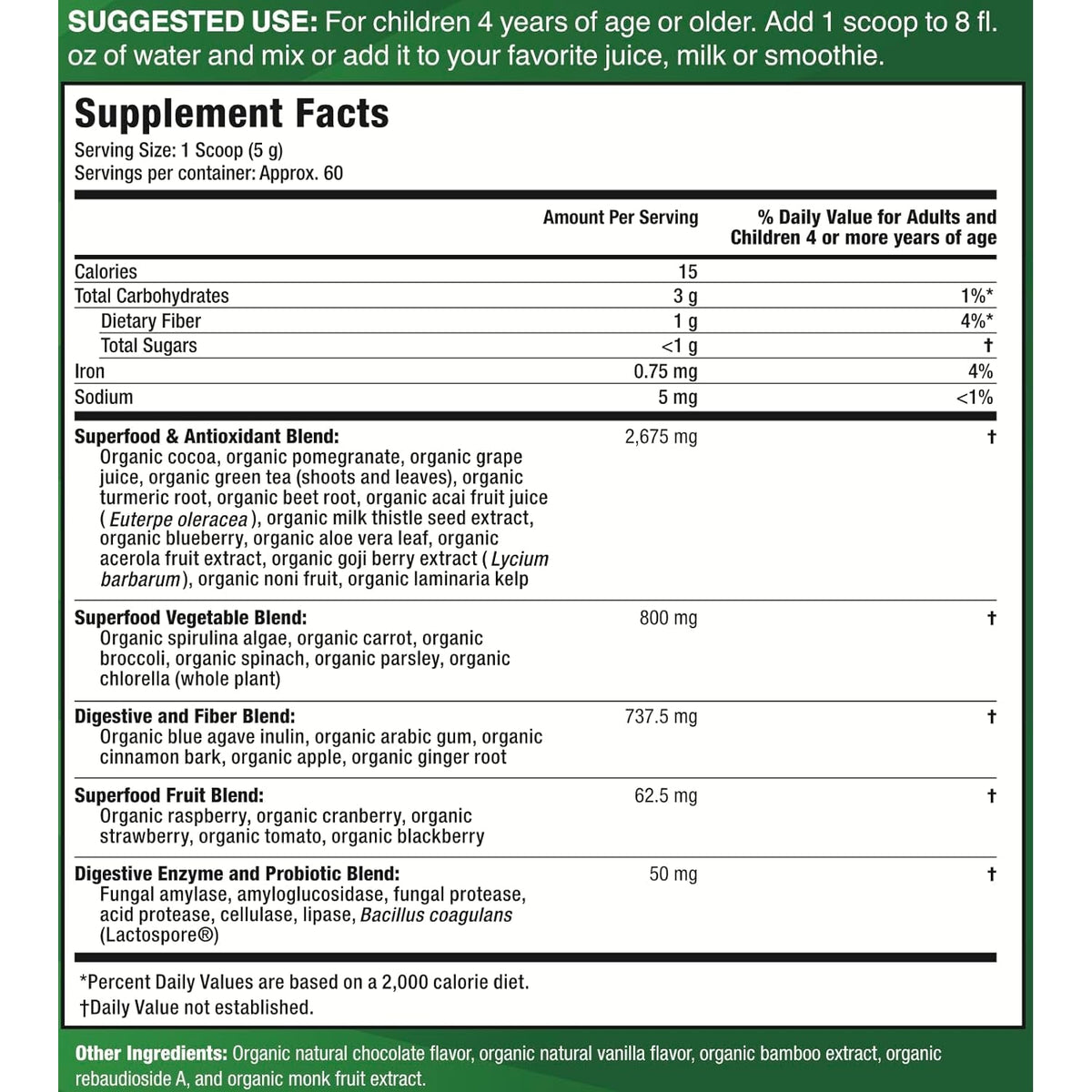 Feel Great USDA Organic Super Greens Powder for Kids - Cocao Chocolate | Fruit & Veggie Supplement | Superfood Powder with Probiotics & Digestive Enzymes for Digestive Health | 60 Days Supply