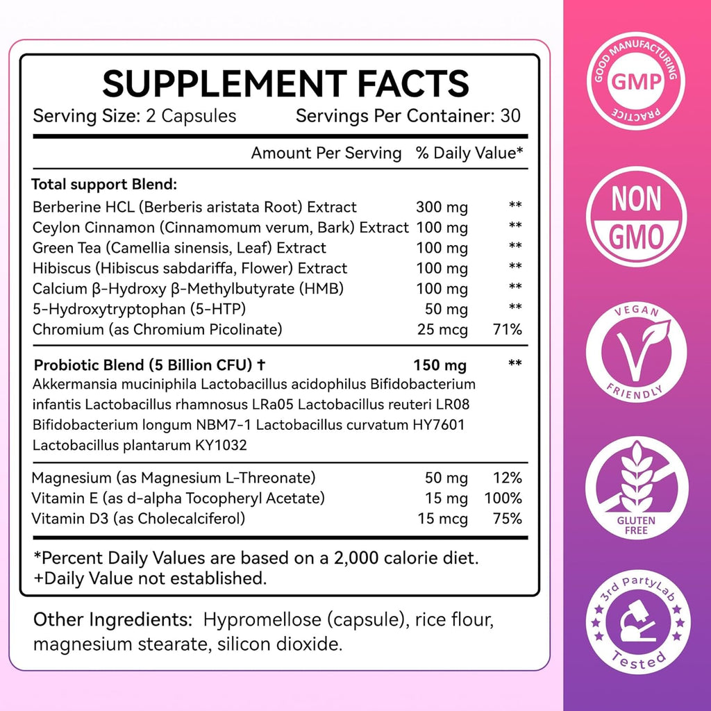 Grevol GLP1 Support Supplement for Women : Berberine Supplement with Ceylon Cinnamon & Akkermansia for Weight Management - Appetite Suppressant & Metabolism Support – 60 Capsules