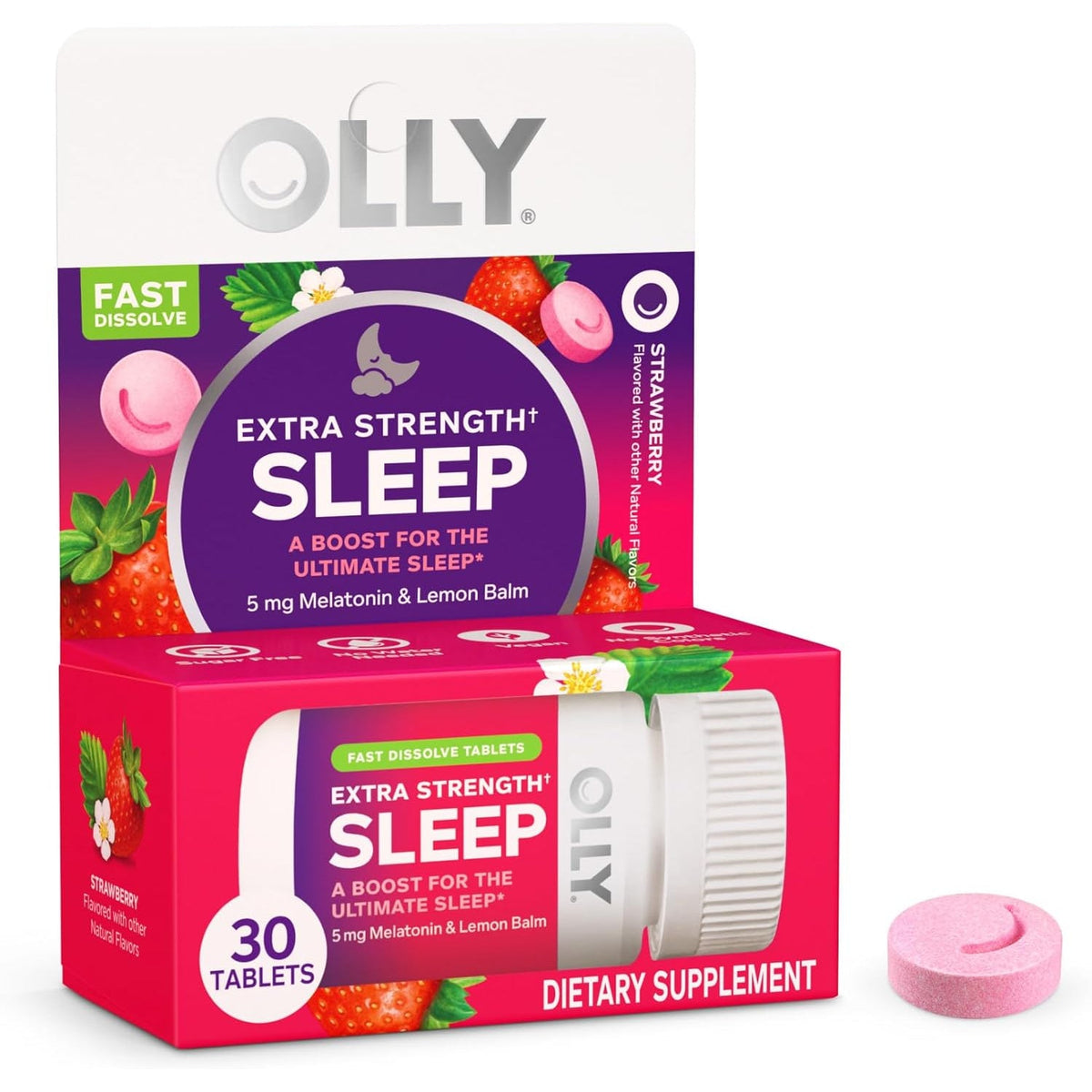 OLLY Extra Strength Sleep Fast Dissolve Tablets, 5Mg Melatonin, Vegan, Strawberry - 30Ct