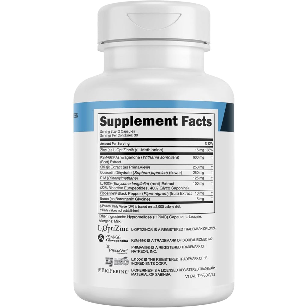 Transparent Labs Vitality Testosterone Booster - Testosterone Supplement for Men with Ashwagandha KSM-66, Primavie Shilajit Extract, & DIM to Support Vitality, & Bioavailable Testosterone - 60 Count