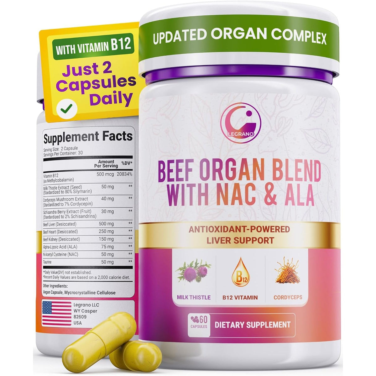 LEGRANO Grass Fed Beef Liver Capsules with Beef Heart, Kidney, NAC, ALA & Milk Thistle – Desiccated Organ Supplement for Men & Women – Supports Energy, Detox, Liver & Immune Health – 60 Capsules
