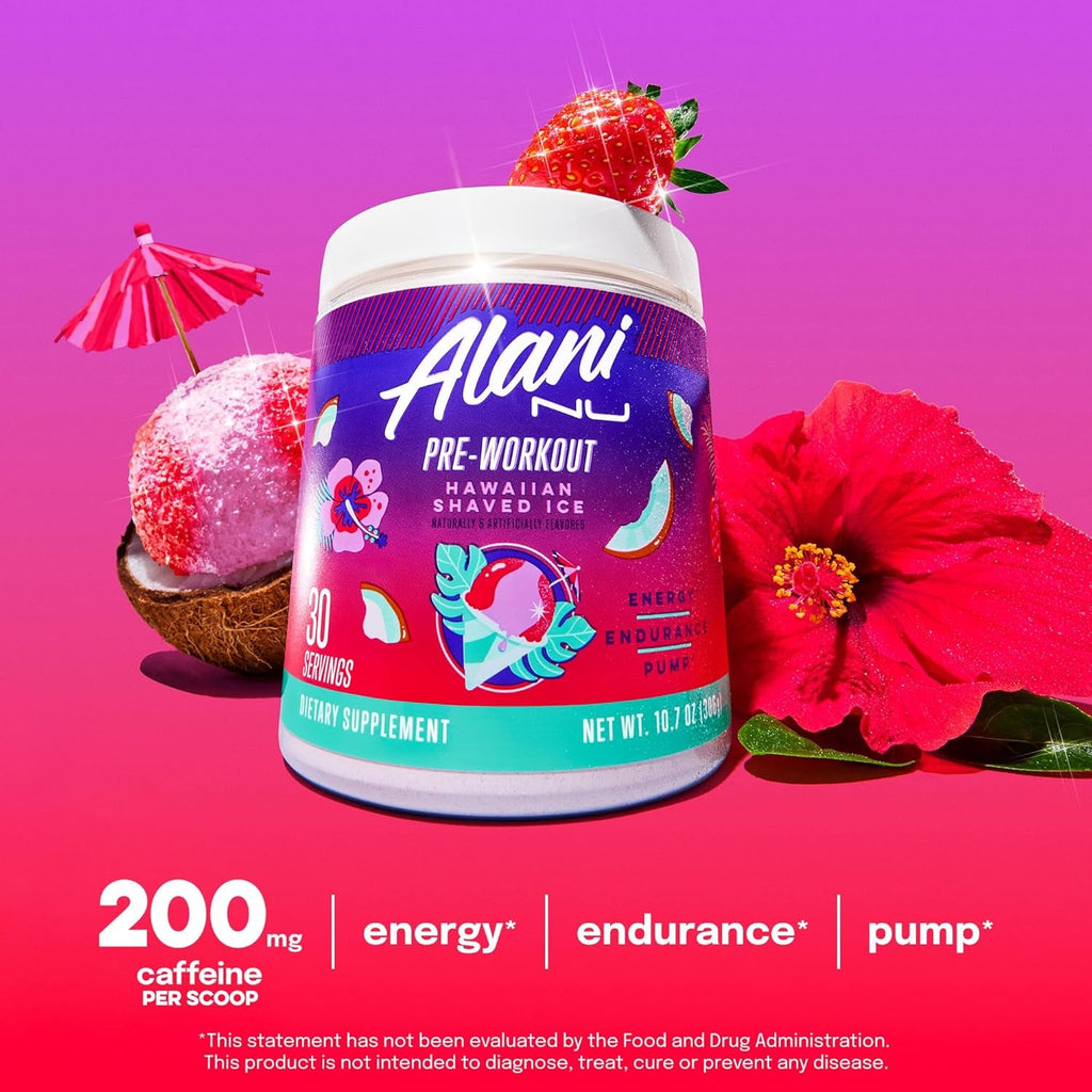 Alani Nu Pre Workout Powder Hawaiian Shaved ICE, Amino Energy Boost, Endurance Supplement, Sugar Free, 200Mg Caffeine, L-Theanine, Beta-Alanine, L-Citrulline, 30 Servings