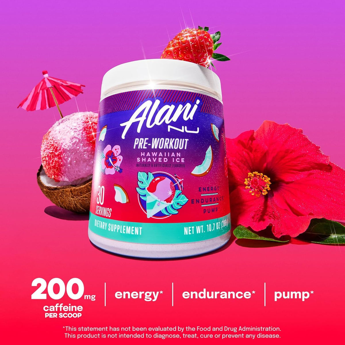 Alani Nu Pre Workout Powder Hawaiian Shaved ICE, Amino Energy Boost, Endurance Supplement, Sugar Free, 200Mg Caffeine, L-Theanine, Beta-Alanine, L-Citrulline, 30 Servings