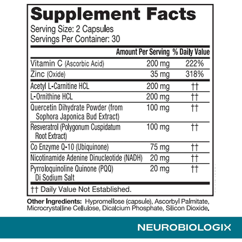 Neurobiologix Mito Cell PQQ Energy & Focus Supplement with Coq10, Vitamin C, NADH, Acetyl L Carnitine & Antioxidants for Cellular Health & Mitochondrial Support, Promotes Overall Wellness, 90 Capsules
