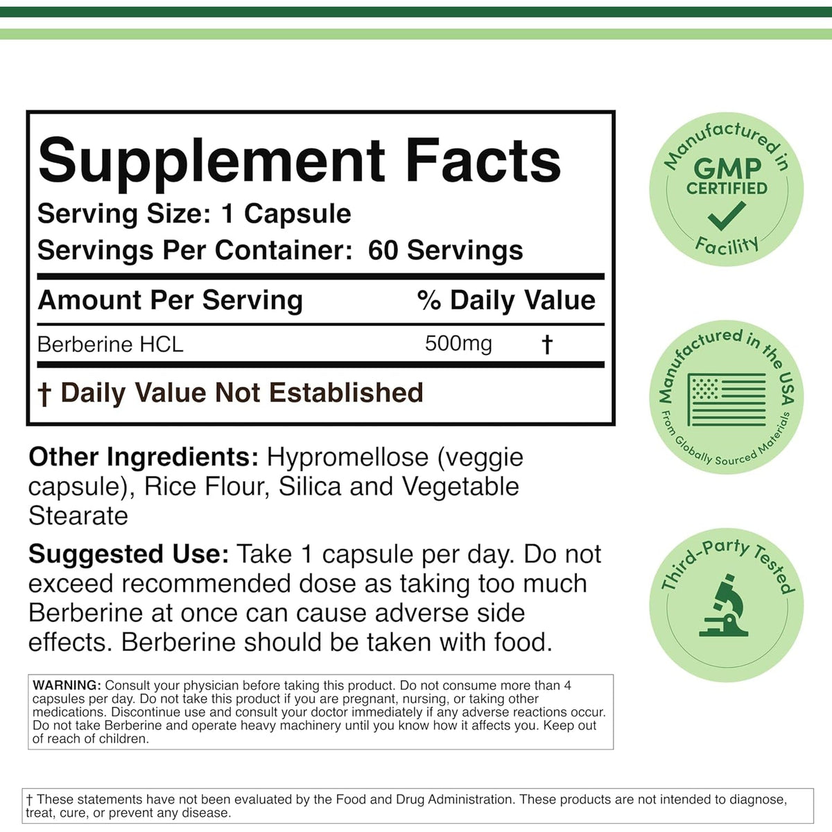 Berberine Supplement 500Mg, High Purity 97% Hcl, 60 Capsules (Third Party Tested, Non-Gmo, Gluten Free, Vegan Safe) AMPK Activator - Berberine HCL for Cardiovascular Health by Double Wood
