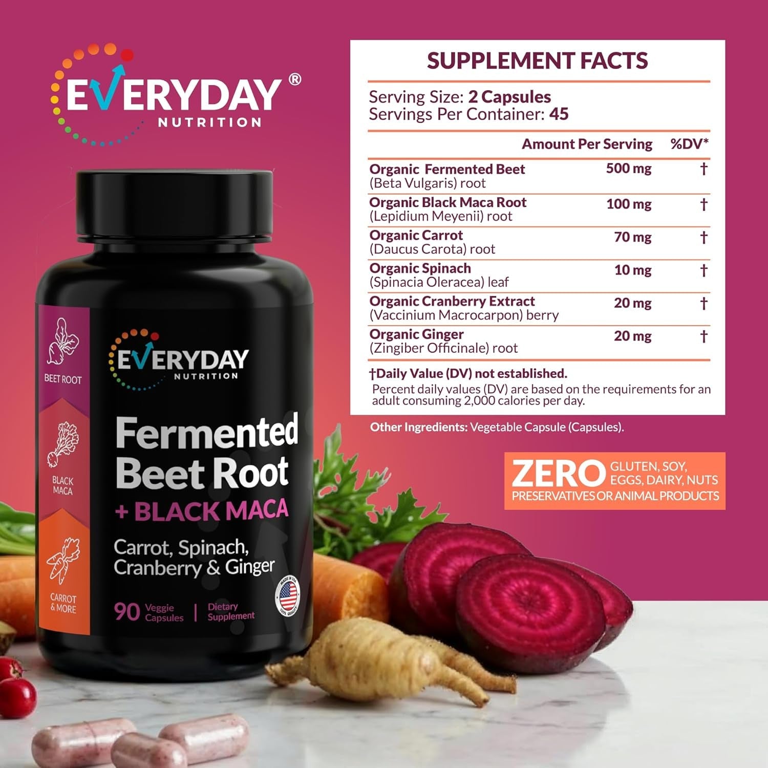 Organic Fermented Beet Root & Black Maca Capsules with Carrot, Spinach, Cranberry & Ginger | Superfood for Energy, Stamina & Wellness | 90 Veggie Capsules | Made in USA