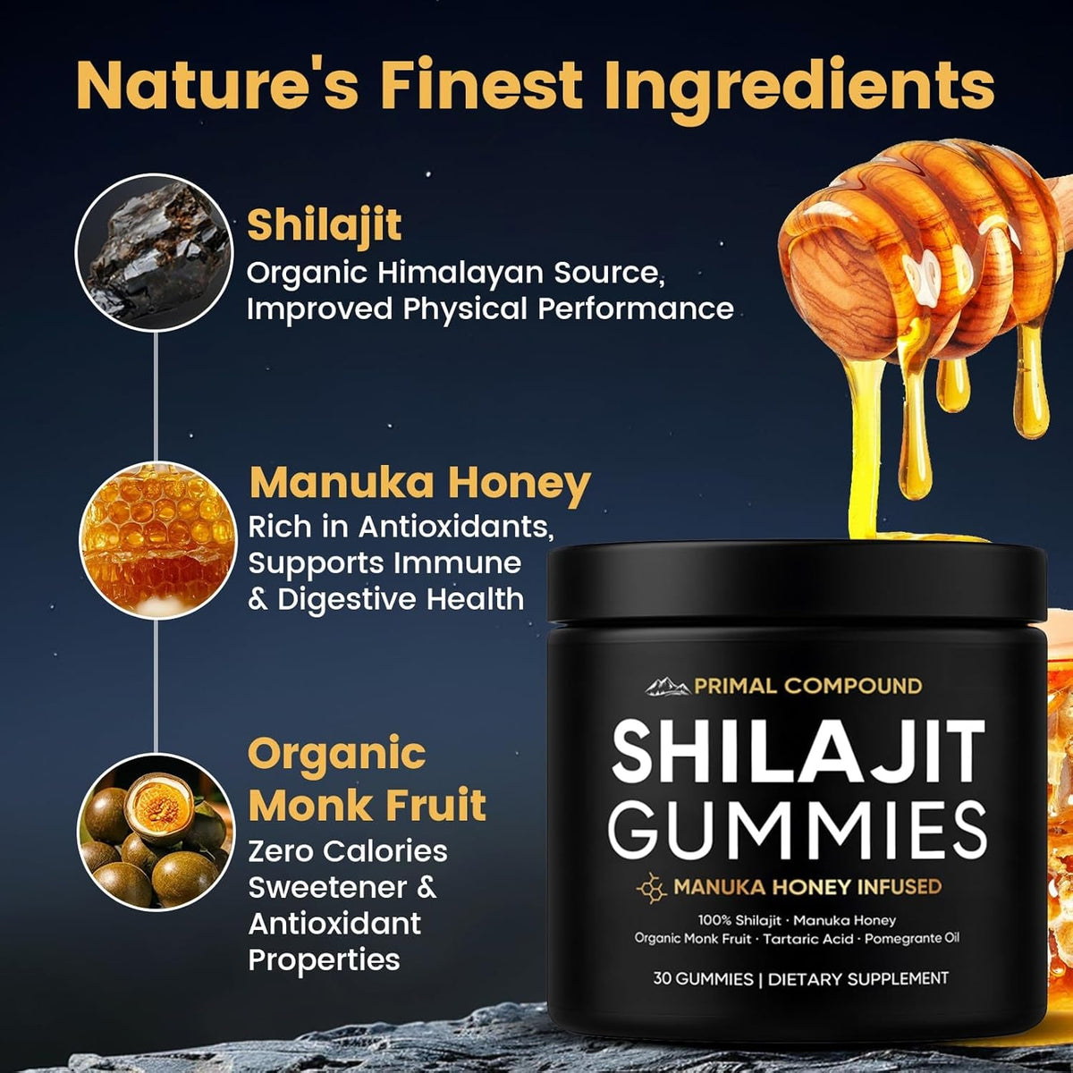 Primal Compound Shilajit Gummies for Men,With Manuka Honey, Organic Monk Fruit & Fulvic Acid, Shilajit Gummies Supplements, 30 Gummies