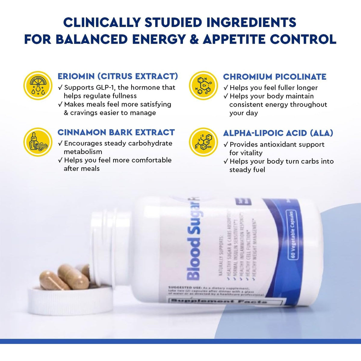 JJ Smith Blood Sugar Focus – Glucose Control Complex with Eriomin, Cinnamon Bark, Chromium Picolinate & Alpha Lipoic Acid – GLP-1 Supplement for Cravings, Sugar Control, Energy & Healthy Weight
