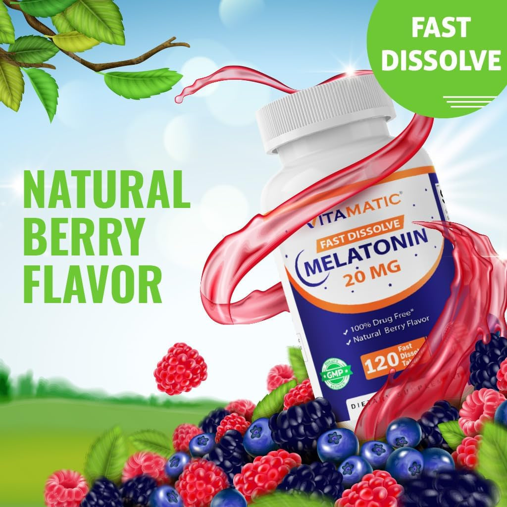 Vitamatic Melatonin 20Mg for Sleep Support | Vegetarian, Non-Gmo, Gluten Free | HIGH Potency 20 MG | Natural Berry Flavor 120 Fast Dissolve Tablets