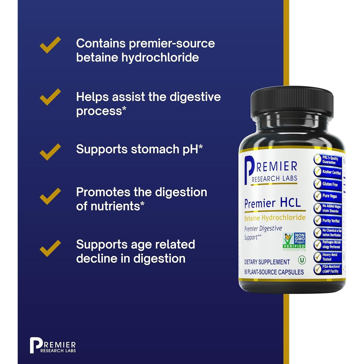 Premier Research Labs Premier HCL - Betaine HCL, Betaine Hydrochloride Supplement for Optimal Digestive Function, Nutrient Absorption, Betaine-Hcl for Low Stomach Acid- 90 Vegetarian Capsules