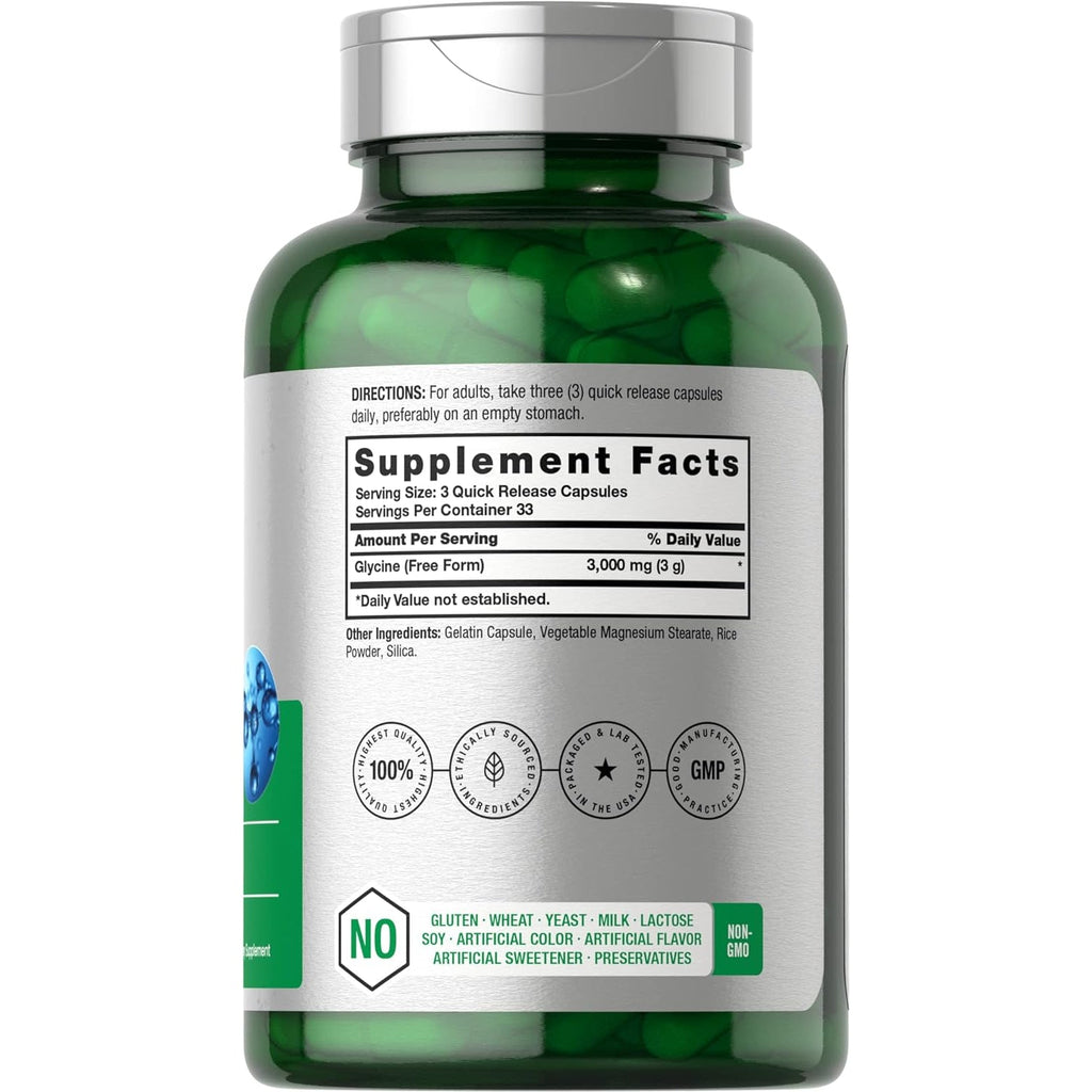 Horbäach Glycine 3000Mg Supplement | 100 Powder Capsules | Free Form Amino Acid | Non-Gmo, Gluten Free Supplement