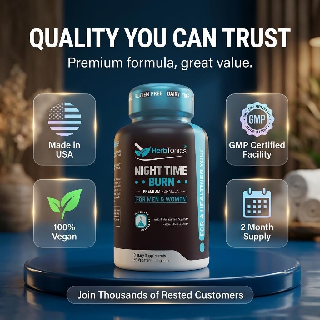 Herbtonics Night Time Burn & Sleep Complex Supports Overnight Metabolism, Stress Relief & Deep Sleep. Includes Melatonin, Valerian and Green Tea – Vegan Bedtime Weight Management (60 Capsules)