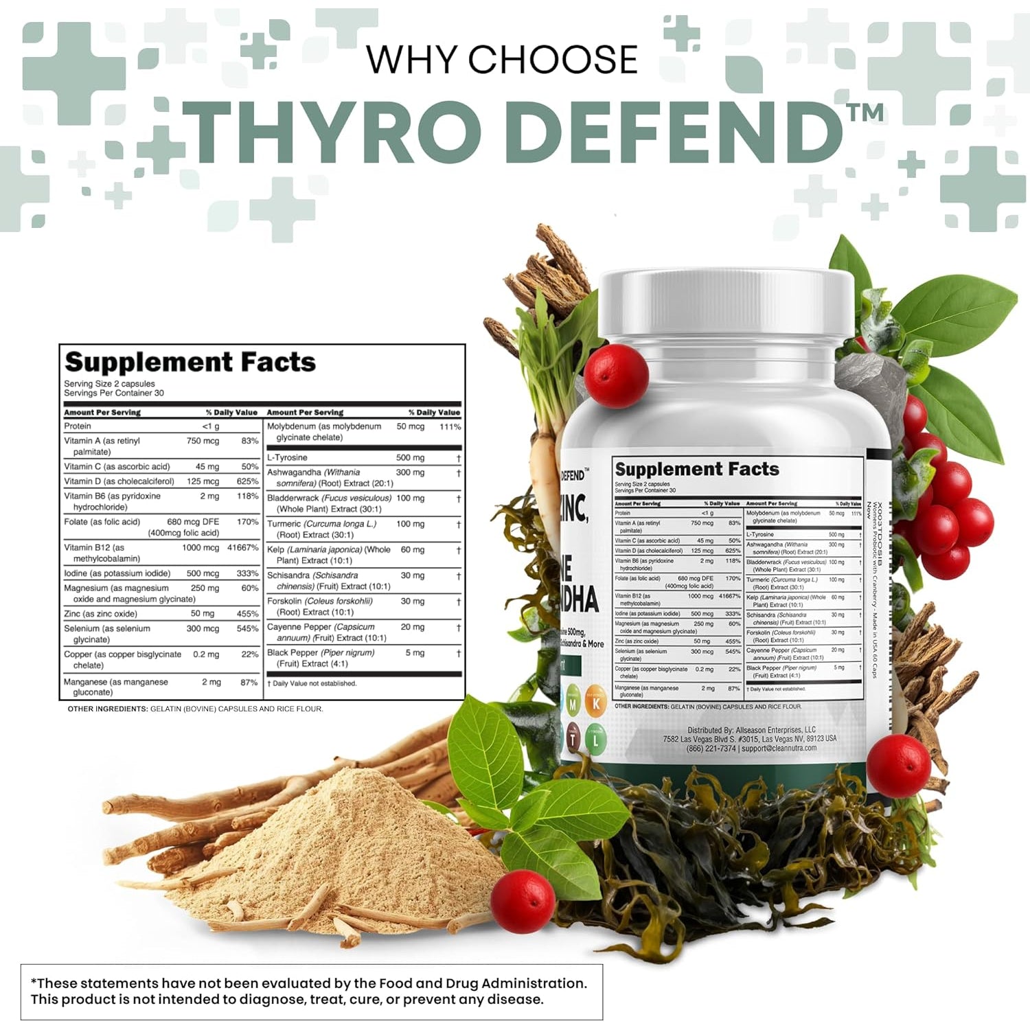 Clean Nutra Selenium 300Mcg Iodine 500Mcg Thyroid Support for Women & Men | L Tyrosine 500Mg Ashwagandha Supplement Bladderwrack, Turmeric, Kelp, Schisandra Zinc Pills Capsule Supplements