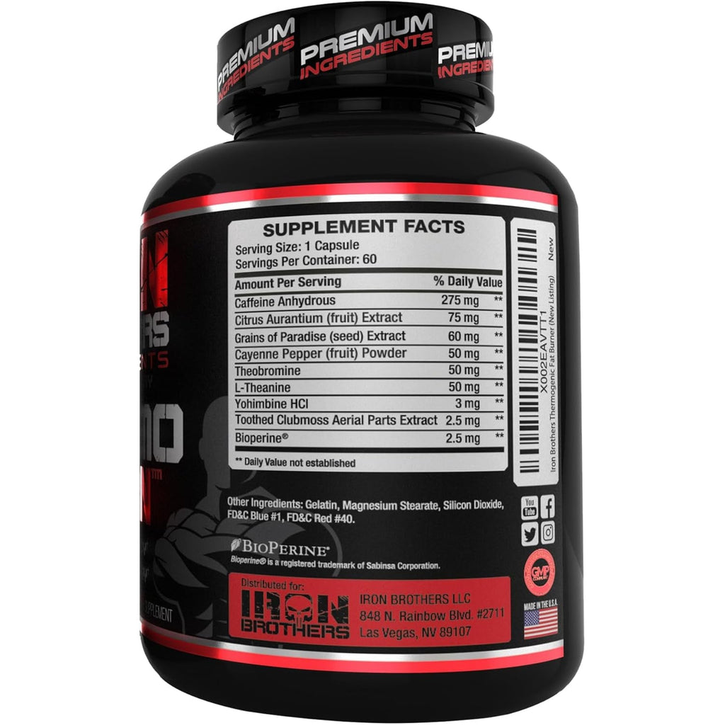 Iron Brothers Thermo Burn Hardcore Fat Burner – High Stim Thermogenic with Yohimbine Hcl, Grains of Paradise & Caffeine – Metabolism Booster & Appetite Control – 60 Capsules