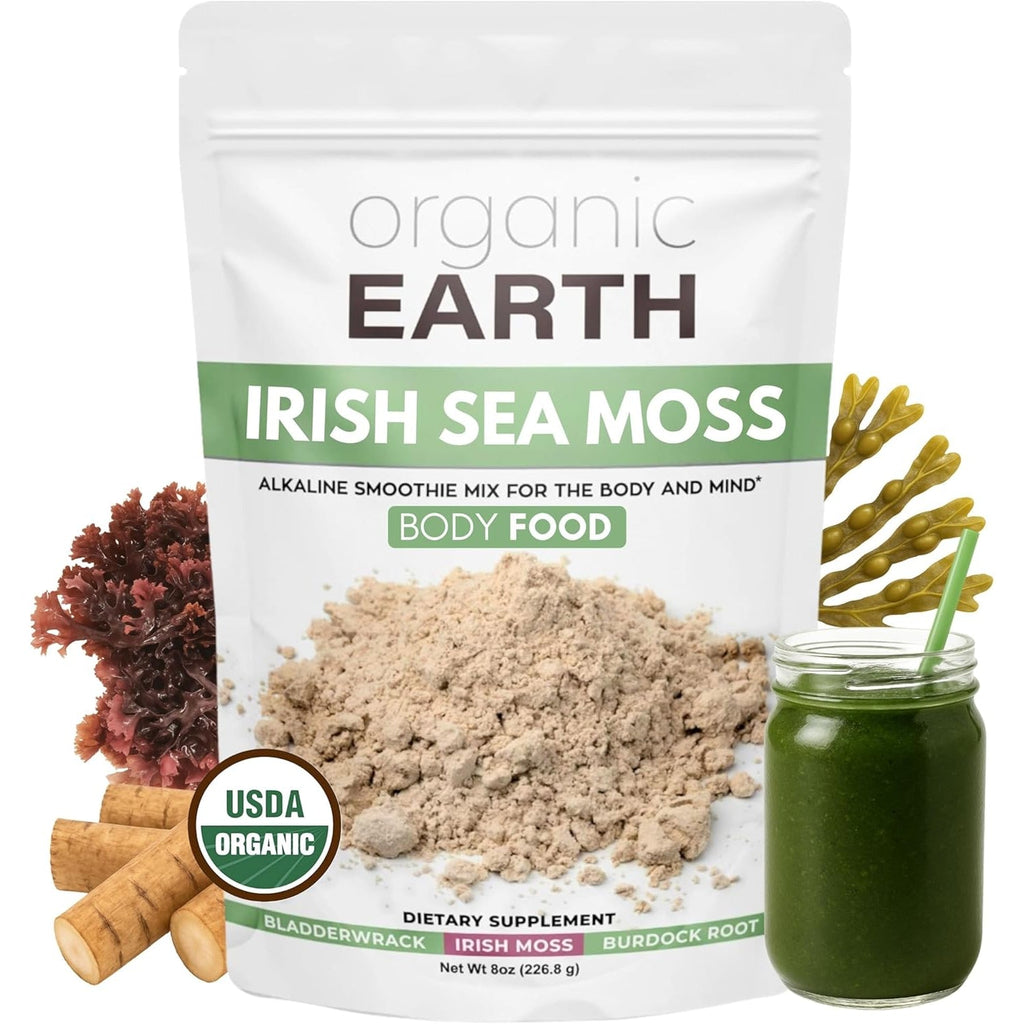 Organic Earth Irish Sea Moss Powder 8Oz - Wildcrafted Sea Moss Organic with Bladderwrack & Burdock Root Powder - Thyroid, Digestion Support & Healthy Skin - USDA Certified Organic