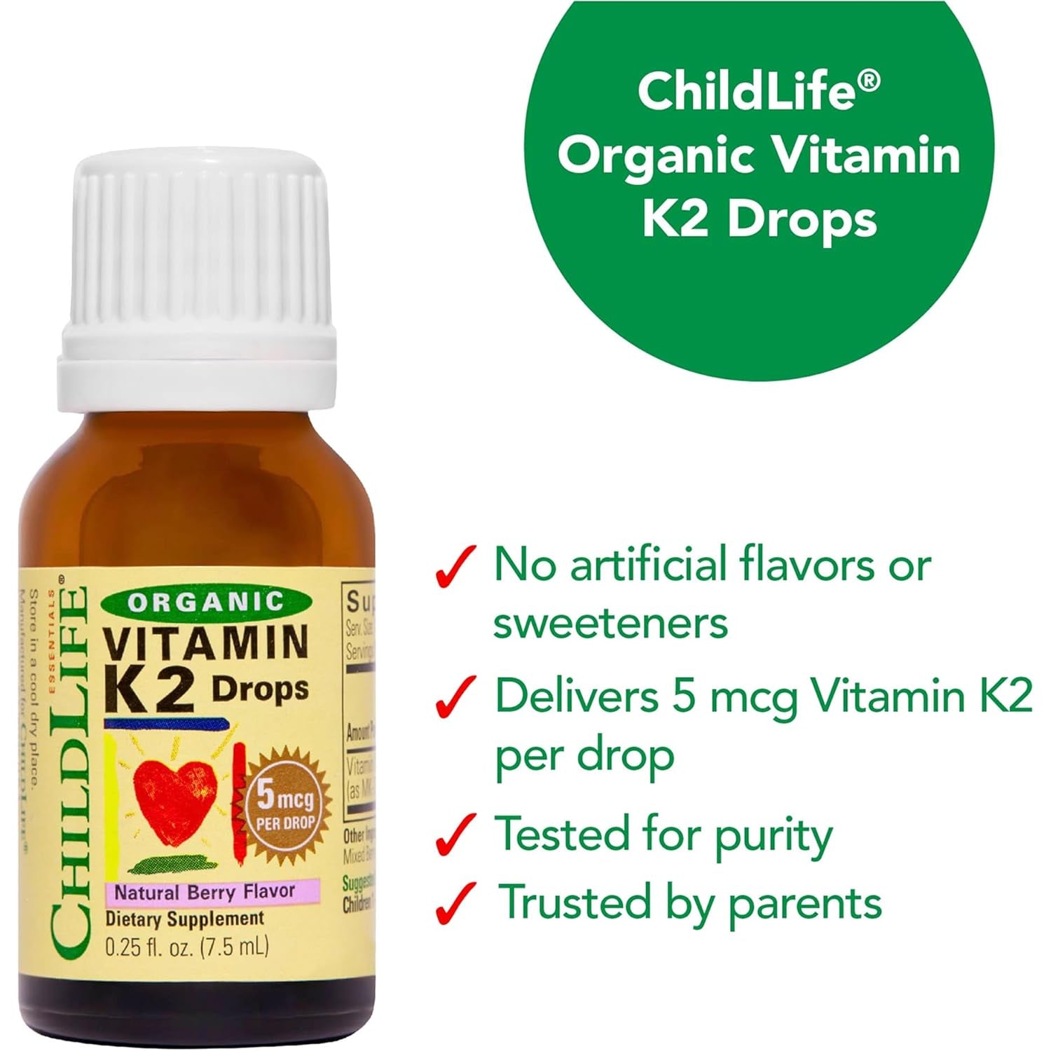 Childlife Essentials Organic Vitamin K2 Drops - Infant Toddler Baby Vitamin K, K2 Supplement for Kids, Liquid K2 as MK7, Vitamin K Drops - Natural Berry Flavor, 0.25 Fl Oz (Pack of 1)