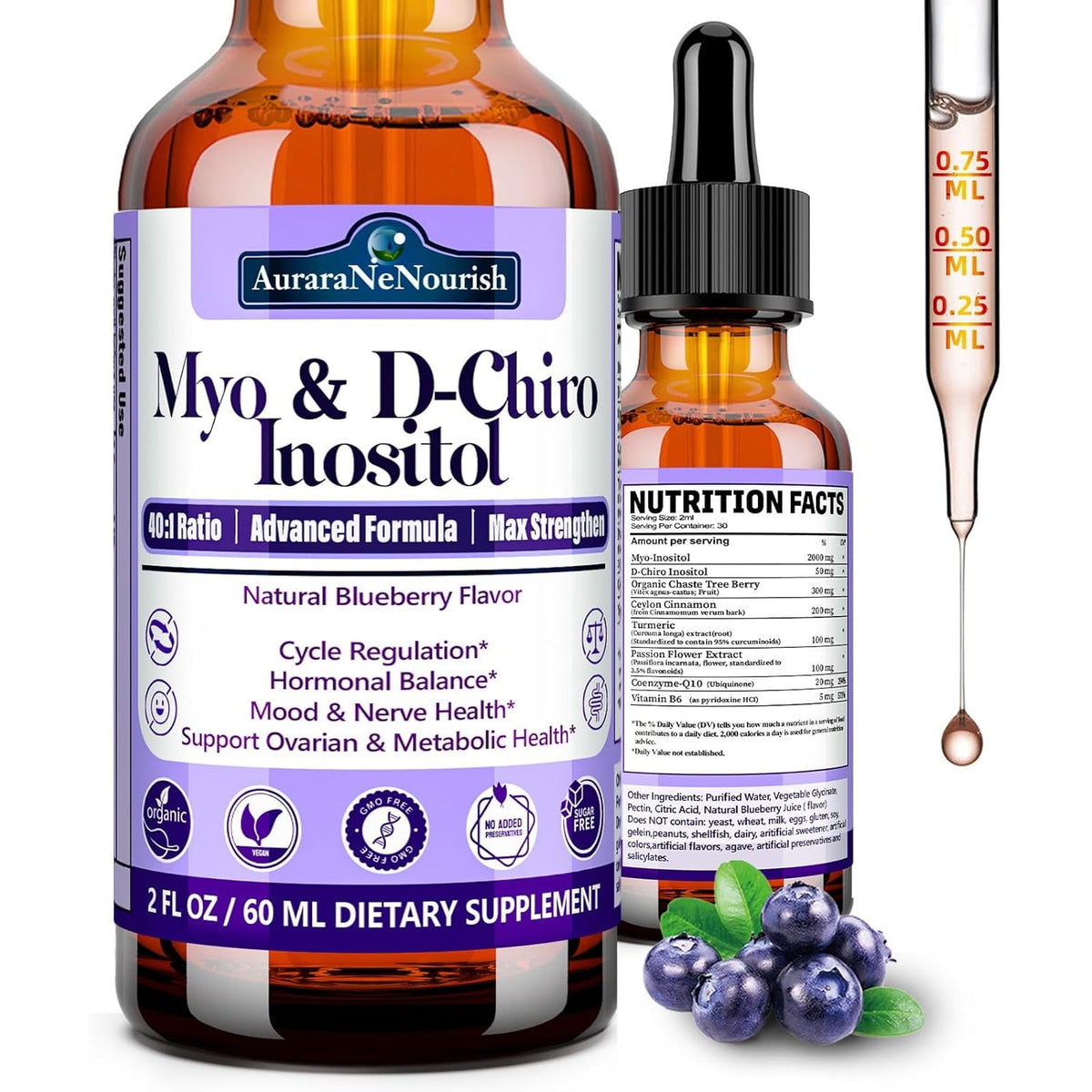 Myo-Inositol & D-Chiro Inositol Supplement for Women, 40:1 Ratio Support Hormone Balance & Ovarian W. Organic Chaste Tree Berry, Ceylon Cinnamon for Healthy Cycle Regulation, Mood, Nerve