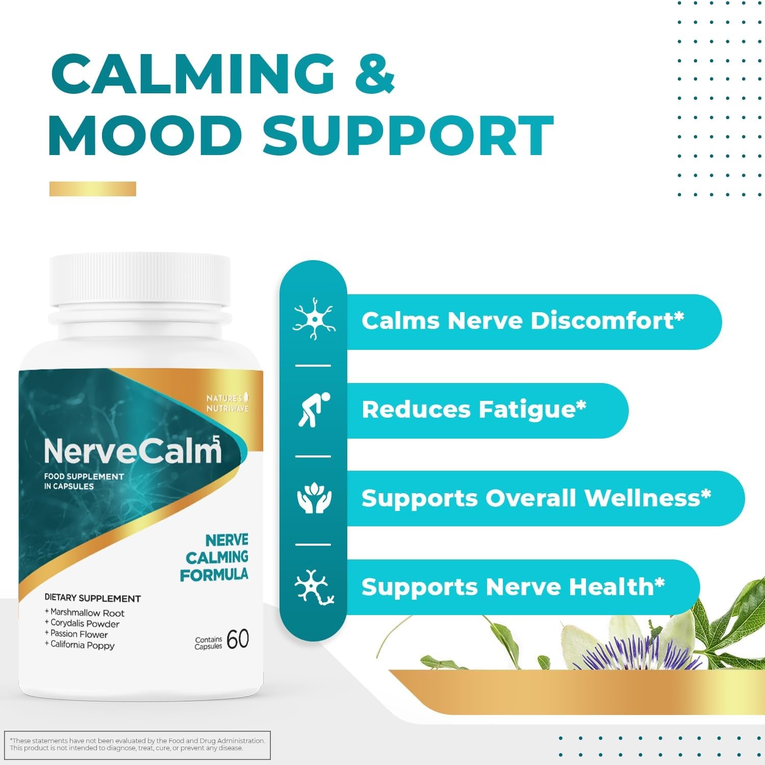 Nervecalm – Natural Calm Supplement | Herbal Blend with Passion Flower, Prickly Pear & California Poppy | Vegan Capsules, Non-Gmo, 1 Month Supply | Made in USA
