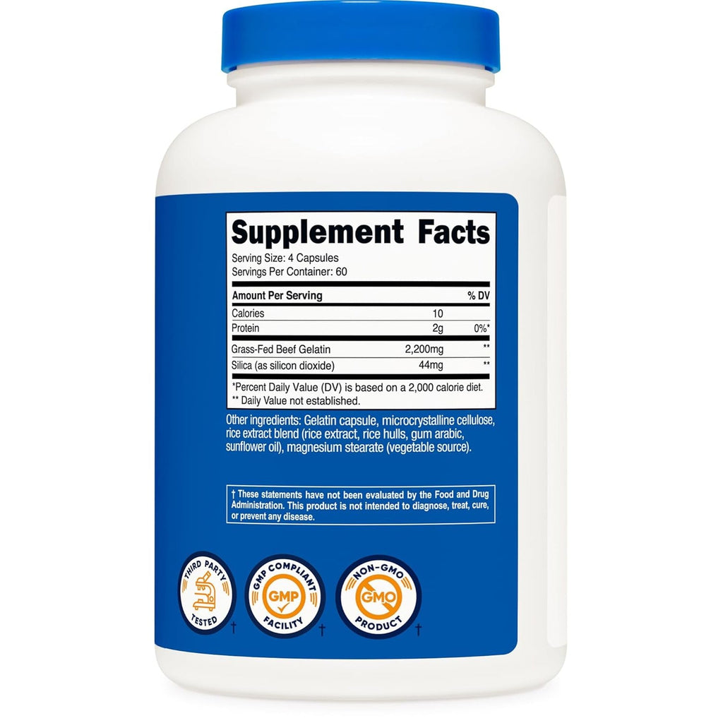 Nutricost Gelatin with Silica (2,200Mg) 240 Capsules - with Grass-Fed Beef Gelatin, Gluten-Free, Gmo-Free, 60 Servings