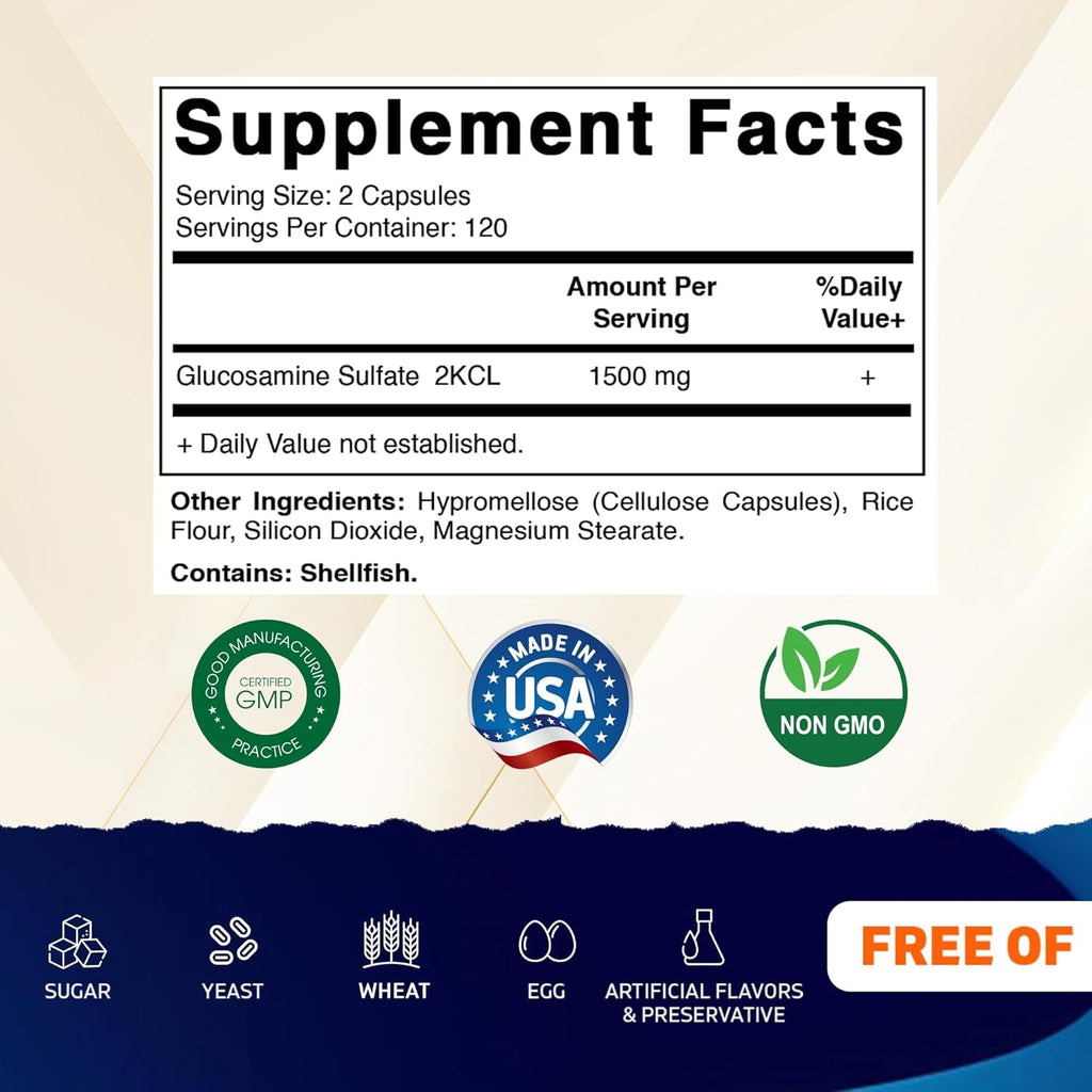 Vitamatic Glucosamine Sulfate Supplement, 1500Mg, 120 Servings, 240 Capsules