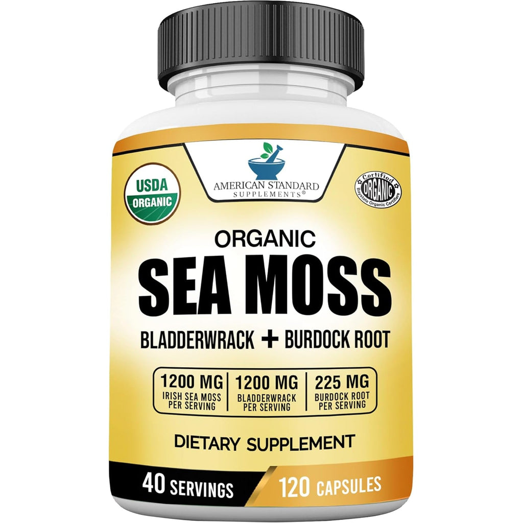 American Standard Supplements Organic Sea Moss, Bladderwrack & Burdock Root Capsules - 1200Mg Seamoss, 1200Mg Bladderwrack, 225Mg Burdock Root per Serving - 120 Capsules, 40 Servings