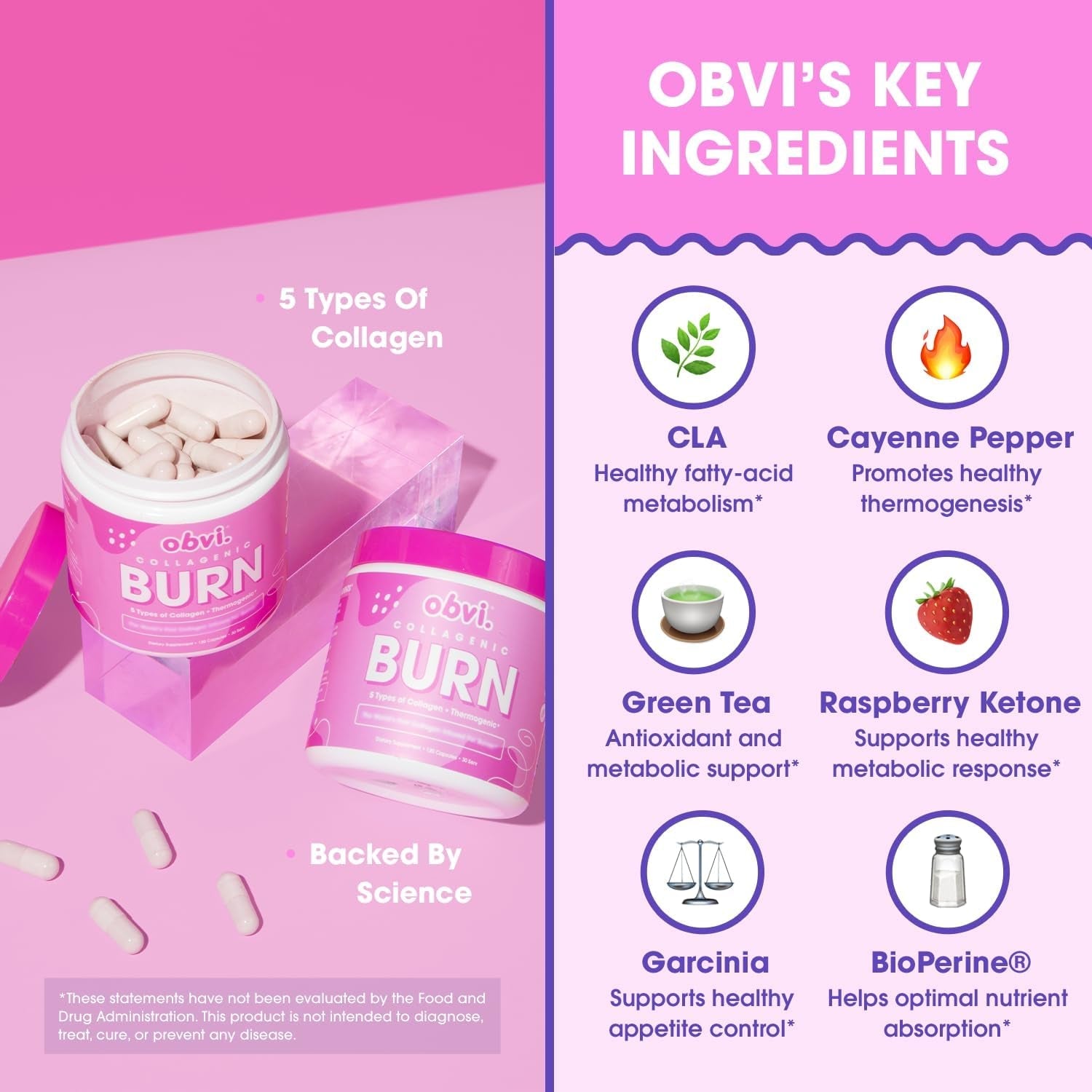 Obvi Collagenic Burn | Hydrolyzed Collagen Peptides + Green Tea Extract Supplement | Supports Metabolism & Daily Wellness | with Biotin, B12 & Bioperine | 30 Servings | 120 Capsules