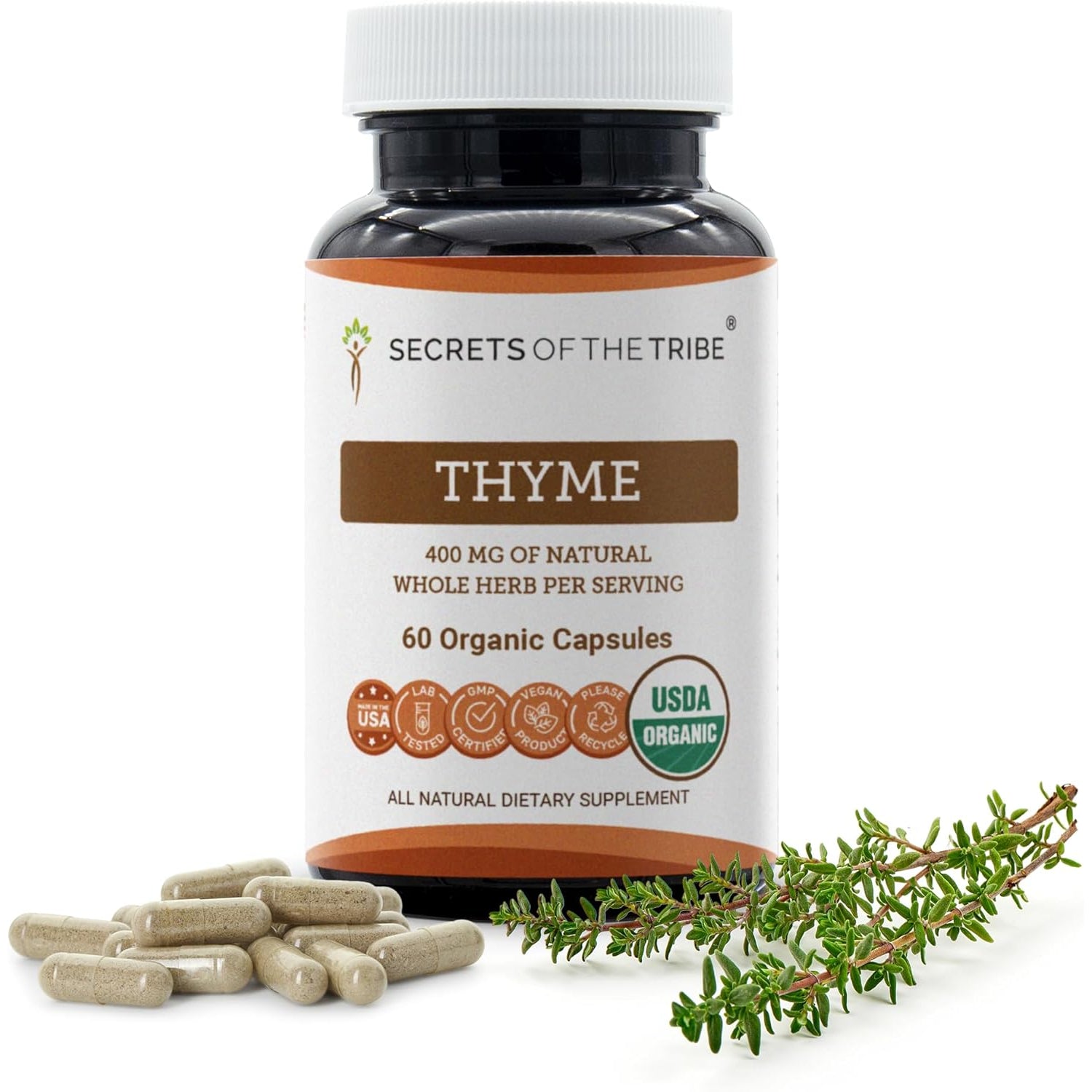 Secrets of the Tribe Thyme 60 Capsules, 400 Mg, USDA Organic Thyme (Thymus Vulgaris) Dried Leaf (60 Capsules)