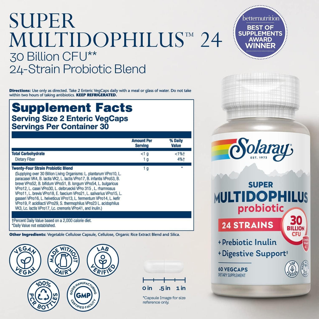 SOLARAY Multidophilus 24 Strain Probiotic 30 Billion CFU, Probiotics for Digestive Health for Women and Men, Daily Gut Health Support Complex with Prebiotic Inulin, No Dairy 60 Vegcaps
