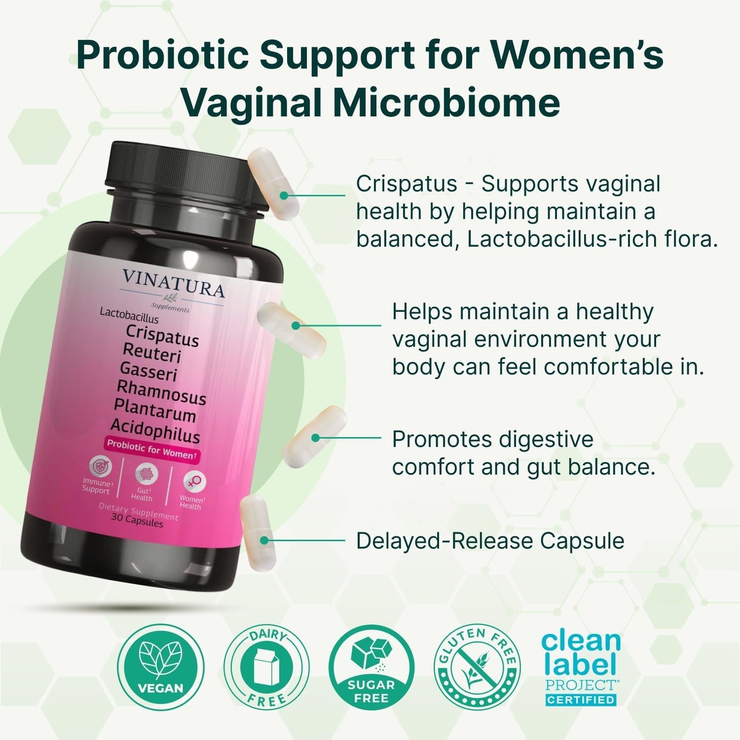 VINATURA Lactobacillus Rhamnosus, Reuteri, Gasseri, Plantarum, Crispatus, Acidophilus Probiotics - Probiotics for Women *USA Made & Tested* Women Vaginal Health, Gut and Digestive Health - 30 Capsules