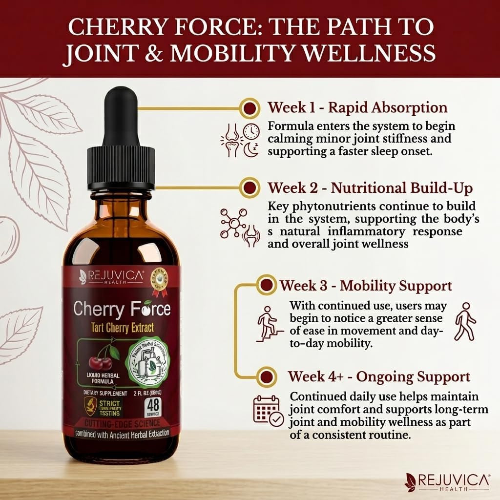 Rejuvica Health Cherry Force Montmorency Tart Cherry Liquid Drops 2 Fl Oz | Joint & Uric Acid Support | Helps with Inflammation, Sleep & Recovery | High Absorption Liquid Extract | Vegan Supplement