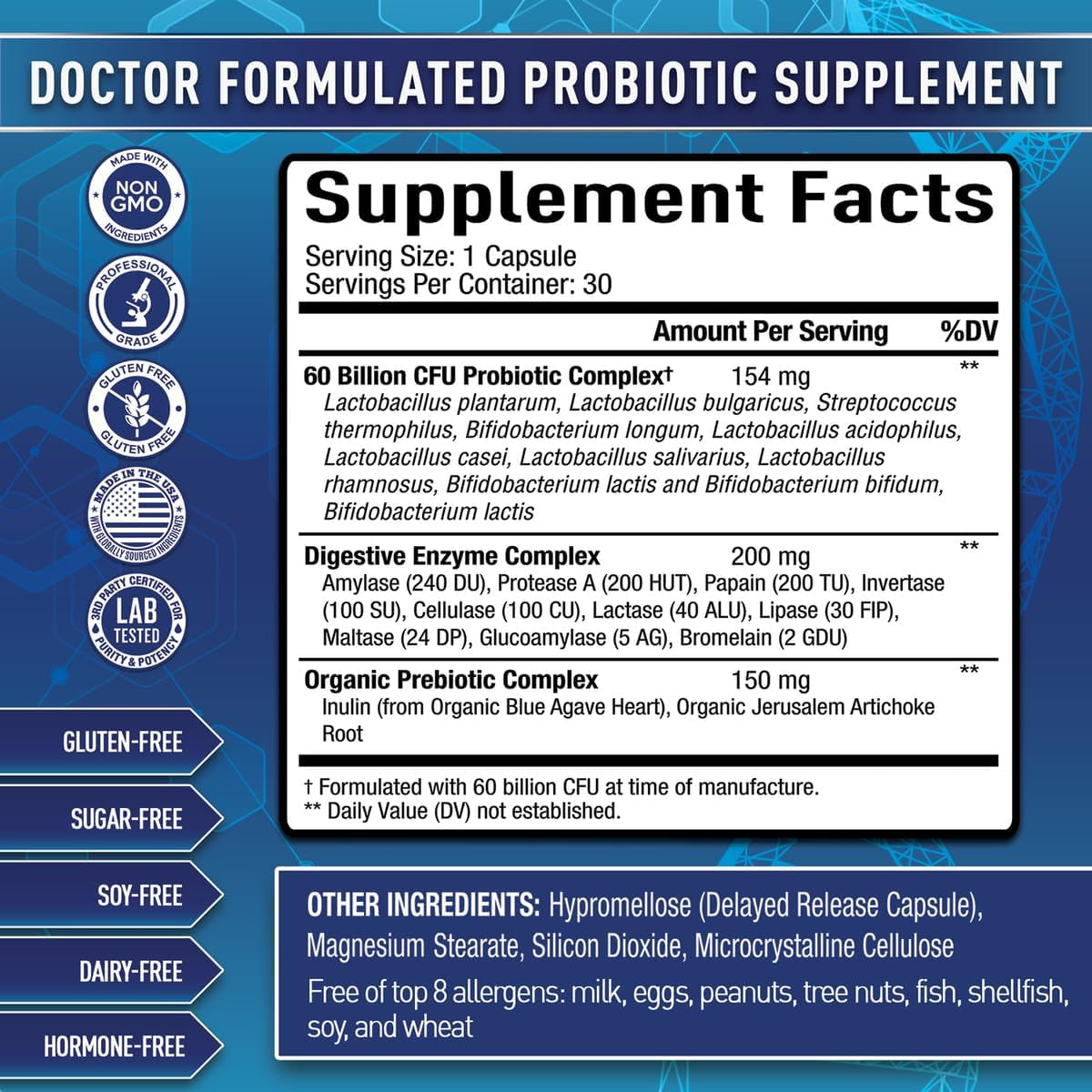 Purely Optimal Probiotics for Digestive Health, 60 Billion CFU – Delayed-Release with Digestive Enzymes & Organic Prebiotics – Bloating, Immune & Energy Support, 30 Caps