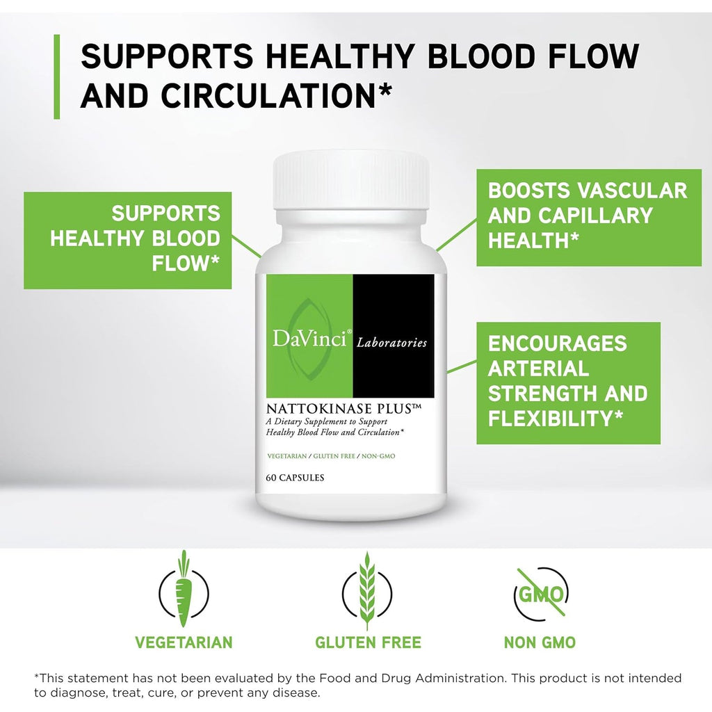 DAVINCI Labs Nattokinase plus - High-Potency 20,000 Fu/G Nattokinase Supplement for Comprehensive Blood Flow Support for Men & Women - Formulated with Antioxidant Support - Gluten Free -60 Capsules